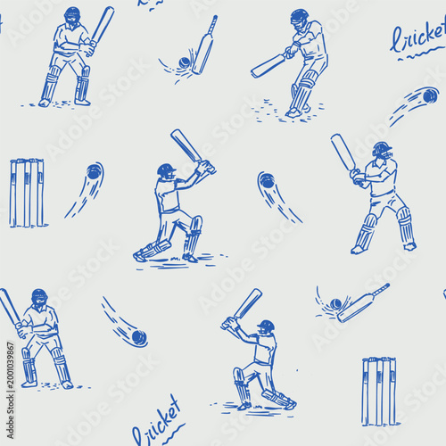 Cricket, seamless pattern with players, monochrome vector sketch