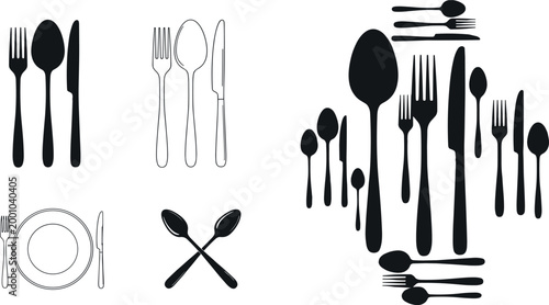 Silhouette Vector Set of Kitchen Cutlery, Forks, Knives, Spoons, and Plates for Food, Restaurant, and Culinary Designs