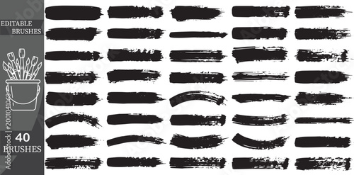 Collection of 40 Diverse Grunge Ink Brushes and Long Horizontal Paint Strokes for Professional Vector Design