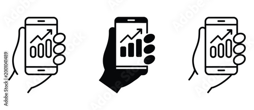 Hand holding smartphone with growth chart icon set representing mobile business analytics, data tracking, performance metrics, financial growth visualization, and digital marketing insights