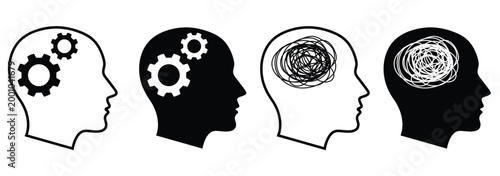 Four set of heads with intricate internal mechanical designs. Human brain icons vector set.