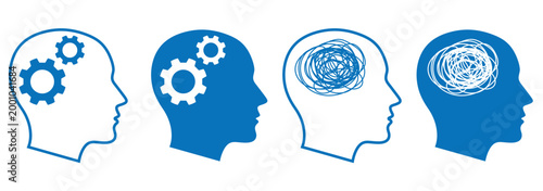 Four set of heads with intricate internal mechanical designs. Human brain icons vector set.