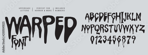 Warped display typeface featuring distorted, slimy uppercase characters and numerals for scary party invitations and gothic branding.