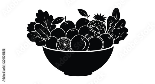 Black silhouette of a bowl overflowing with diverse fruits and foliage