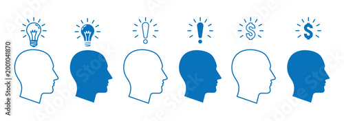 Outline sets of heads with different symbols inside. Mind process icon set.