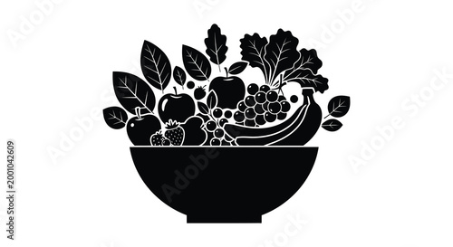 Black silhouette of a fruit bowl overflowing with fresh produce and vibrant greenery