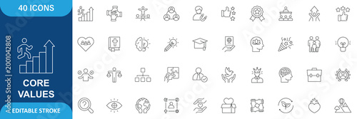 Core Values Icon Set. Containing Integrity, Ethics, Mission, Vision, Principles, Culture, Trust, Responsibility, Leadership, Commitment and more. Line Icon. Editable Stroke. Vector files