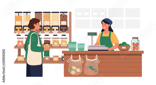 A vector illustration of two people at a grocery store checkout counter