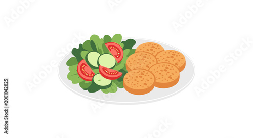 A plate of food with salad and cookies on a white background