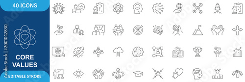 Core Values Icon Set. Containing Integrity, Ethics, Mission, Vision, Principles, Culture, Trust, Responsibility, Leadership, Commitment and more. Line Icon. Editable Stroke. Vector files