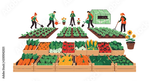A vibrant vector illustration of a bustling farmer's market with people gardening and selling fresh produce