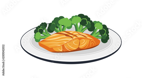 A plate of grilled salmon with steamed broccoli on a white plate