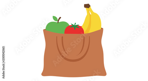 A brown shopping bag filled with fruit including an apple banana and tomato