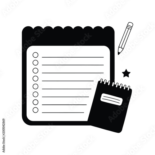 Notes and pencil icon set, vector illustration of memo notebook, stationery, and writing elements for daily journaling planner, note-taking apps, productivity tools, and office supply design