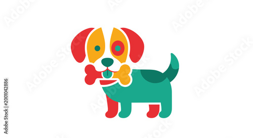 A colorful cartoon dog holding a bone in its mouth standing alone