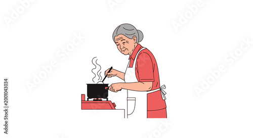 An elderly woman cooking on a stovetop with a frying pan