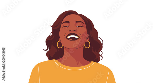 A vibrant illustration of a laughing woman with brown skin and curly hair