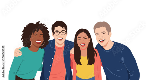 A group of four diverse friends standing together with smiles on their faces