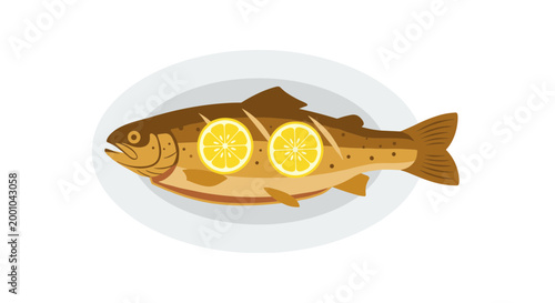 A vector graphic illustration of a cooked fish with lemon slices on a plate