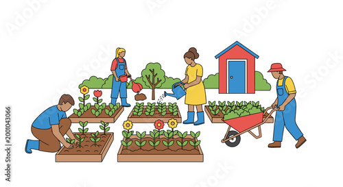 A group of people gardening and planting flowers and vegetables together outside