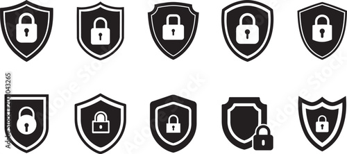 Secure Shield Symbols: A collection of protective shield symbols with a lock at the center, representing security, safety, and protection.png