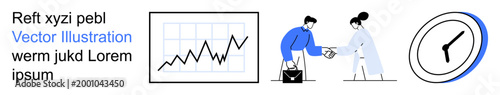 Business strategy, teamwork, financial growth, analytics, time management, data interpretation. A graph, two people exchanging items a clock. Business strategy and teamwork visuals