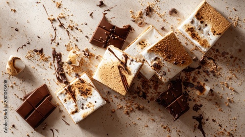 Delicious homemade s'mores with toasted marshmallows and melted chocolate scattered artfully. A delightful arrangement of freshly made s'mores, showcasing golden toasted marshmallows, rich chocolate