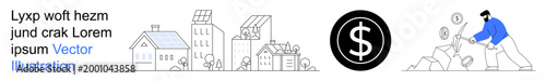 Urban planning, financial growth, investments, savings, real estate, economic concepts. Illustration of buildings, a dollar sign icon and a person collecting coins. Urban planning and financial