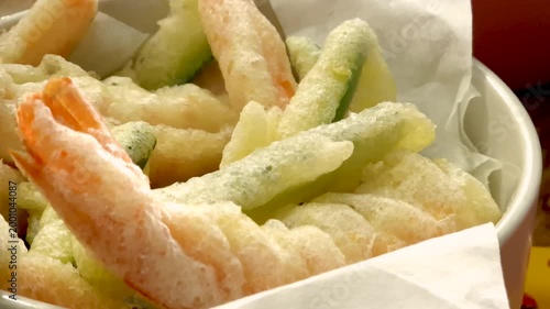 Macro Shot of Fried Seafood and Vegetables with Slow Zoom