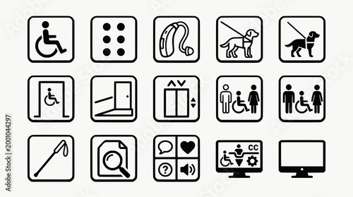 Universal accessibility and disability assistance vector icons set