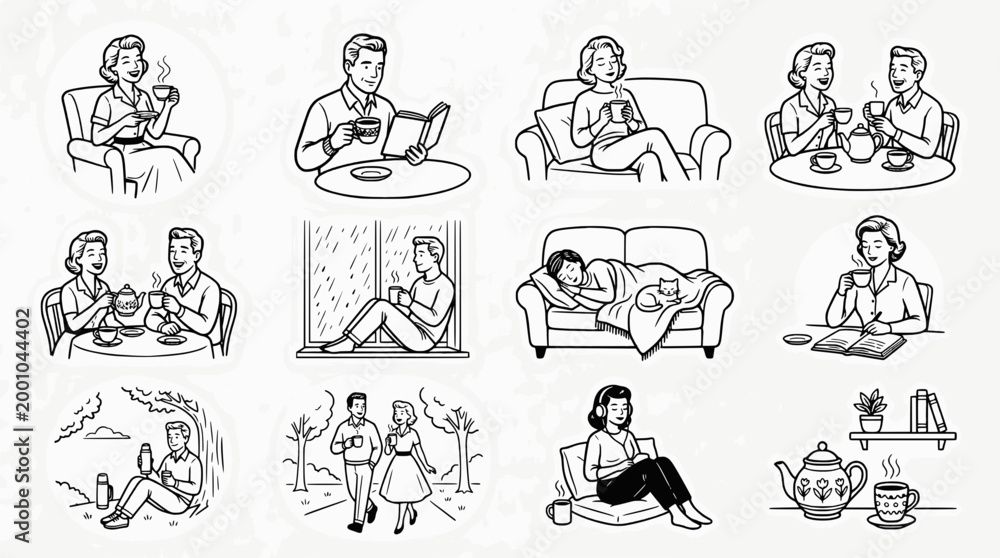 Fototapeta premium Doodle set of people enjoying coffee and tea in various lifestyle scenes including relaxing at home, reading, and social gatherings in a hand drawn line art style.