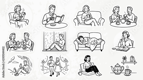 Doodle set of people enjoying coffee and tea in various lifestyle scenes including relaxing at home, reading, and social gatherings in a hand drawn line art style.