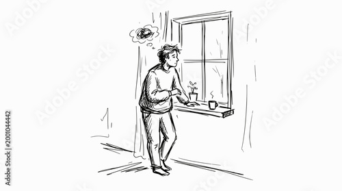 Man standing by a window with a hot drink and a thought bubble in a minimalist hand drawn ink sketch style.