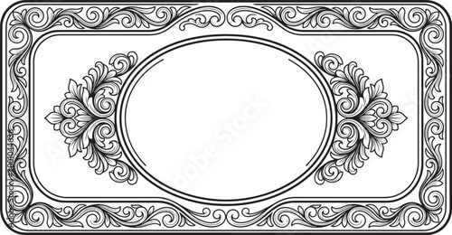 Ornate Vintage Rectangular Frame with Oval Blank Space for Text or Image