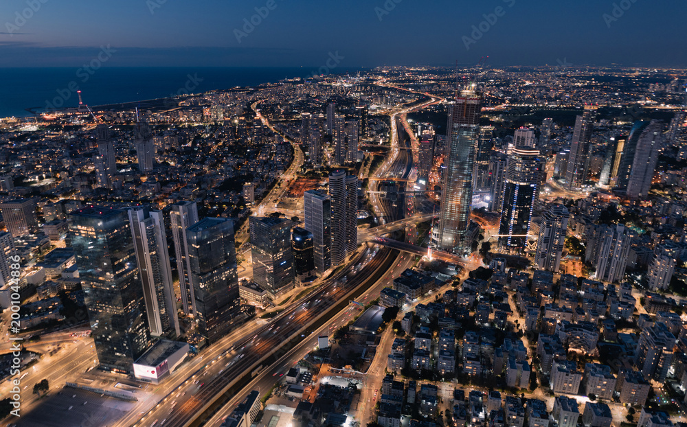 Obraz premium Tel Aviv Illuminated Coastline Night Aerial Panorama