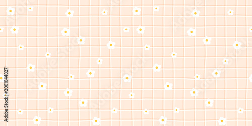 Daisy plaid pattern with classic check and gingham style. Seamless spring flower pastel background cute mini floral print. Soft retro palette through tiny geometric squares.