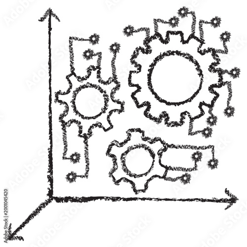 Vector icon of AI controlled gears and circuit lines within a coordinate system axis. Dark brown charcoal sketch on transparent background. Artificial intelligence optimization and algorithmic metrics