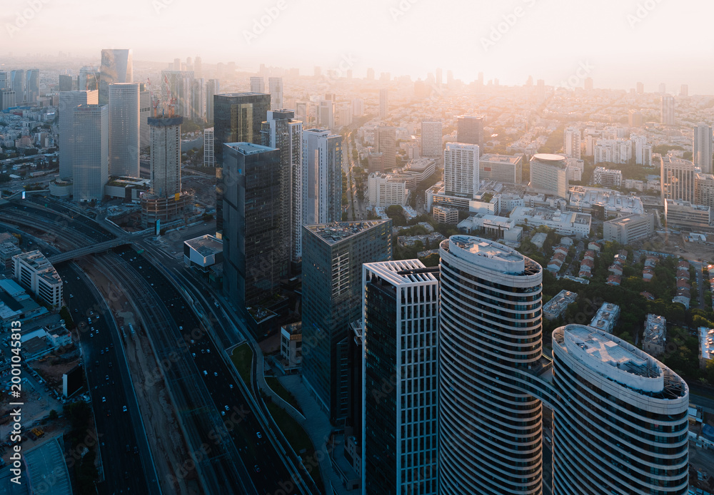 Obraz premium Tel Aviv Aerial Daytime Skyscrapers Highway Close Up View