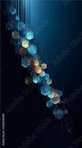 Abstract geometric composition. Vibrant hexagonal structures of various sizes create an artistic, modern and dynamic visual.