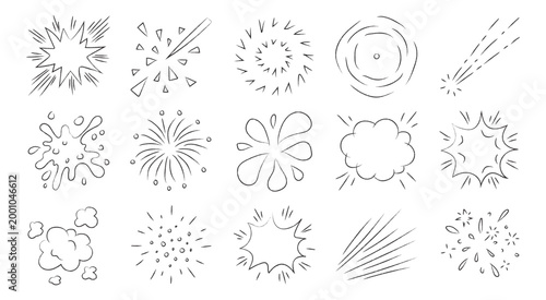 Hand-drawn action and comic doodle set. Vector collection of black line art explosions, bursts, splashes, and energy effects on white background for dynamic designs and manga-style accents.