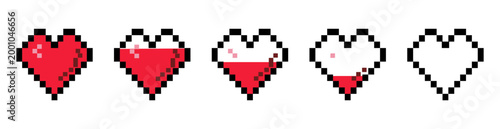 Set of A collection of pixel art icons featuring a Pixel game life bar. Vector art 8 bit health heart bar. Gaming controller, symbols in a retro 8-bit video game vector graphic design