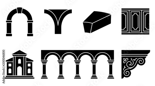 Set of Architectural Elements and Forms: Arch Building Columns and Decorative Details Icons