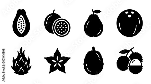 Tropical Fruit Icons Set: Papaya Passion Fruit Guava Coconut Dragon Fruit