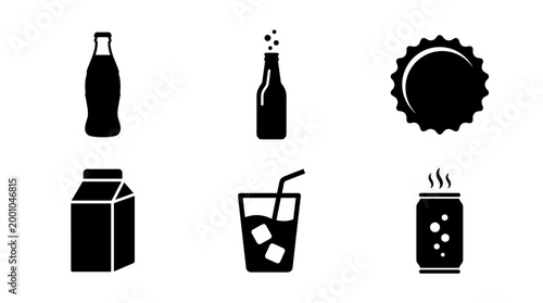 Set of black silhouette drink icons: bottles carton glass with straw can and bottle cap graphic