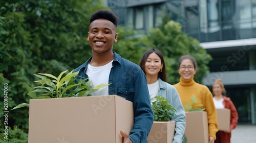 Students and parents carry boxes with plants during college move-in day
