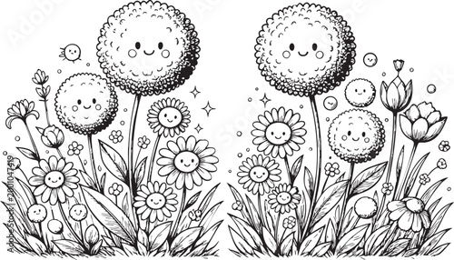 Charming black and white illustration of a whimsical garden scene filled with happy cartoon flowers, plants, and leaves, perfect for children's coloring books, education, and creative design.