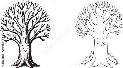 Two stylized hand-drawn happy trees with smiling faces and bare branches stand side by side, one textured, the other outlined, on a clean white background.