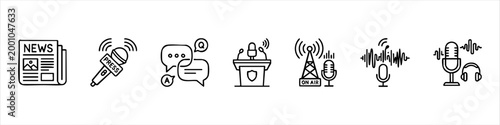 Set of Media, Journalism, and Broadcasting Line Icons. Includes Newspaper, Press Microphone, Interview Q&A, Press Conference Podium, Radio Tower, Podcast, and Audio Recording Symbols.