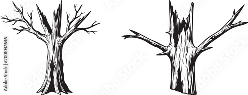 Dead tree illustrations showing dry wood textures and broken branches depicted in a simple black and white vector style isolated on a plain white background