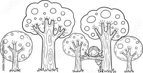Cartoon illustration of a happy little child playing and climbing on a tree branch in a park, surrounded by nature and greenery.